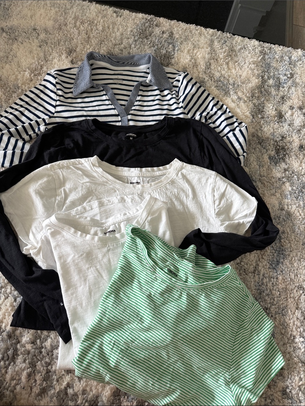 Women’s set of 5  Tee Pack - Navy black White & green Stripe